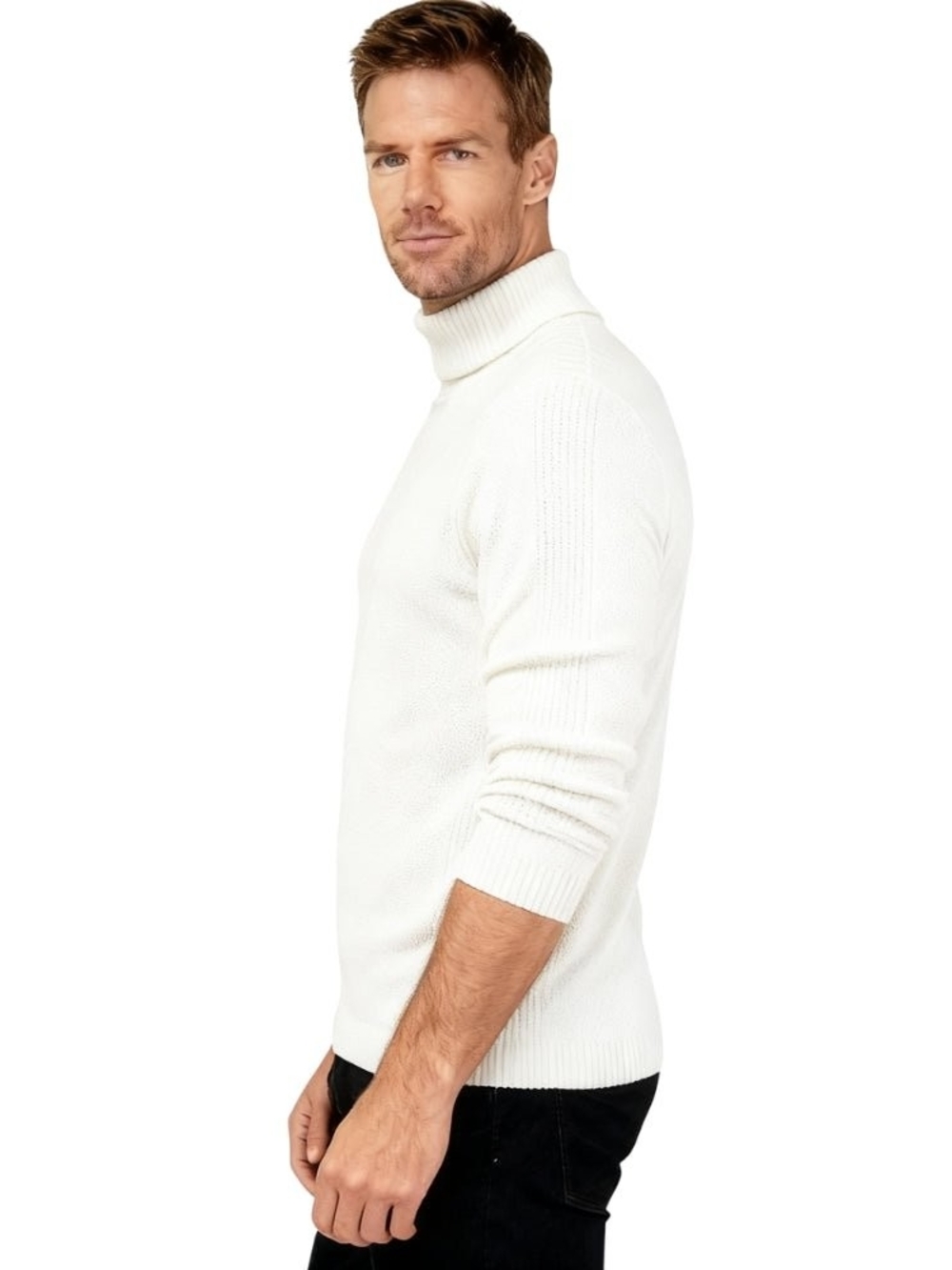 Men's Cream Turtleneck Sweater - Minimal Rib Collar